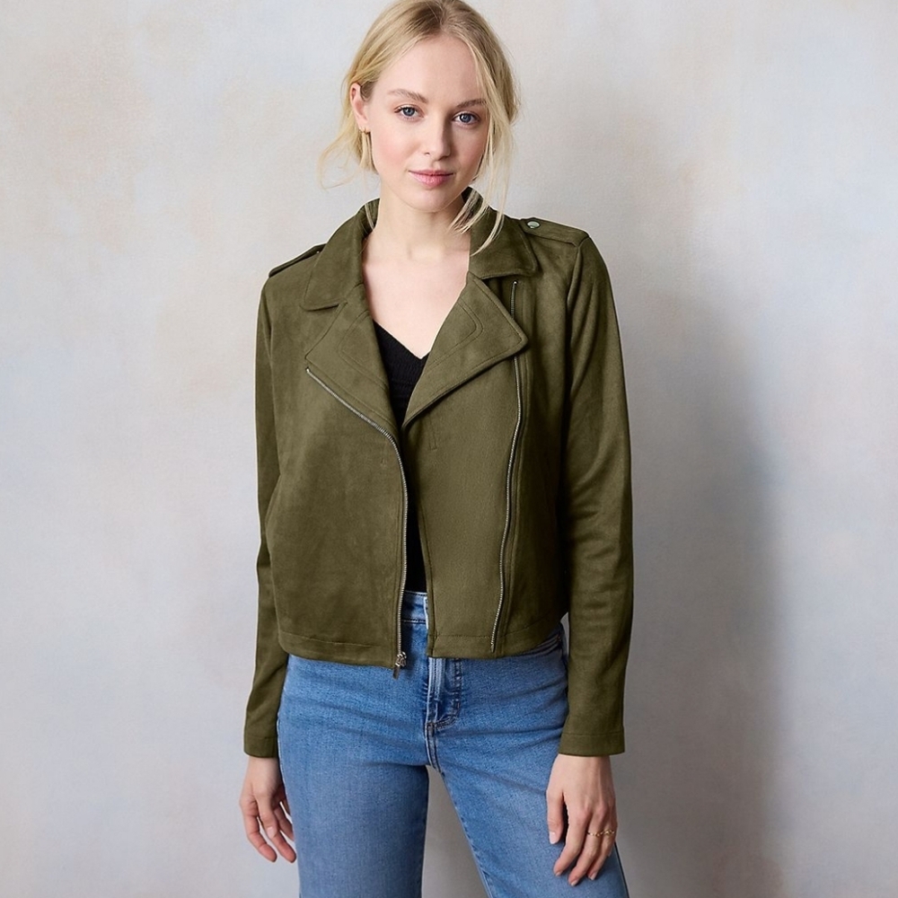 Lauren Conrad Olive Green Faux Suede Moto Jacket NWT Size Medium